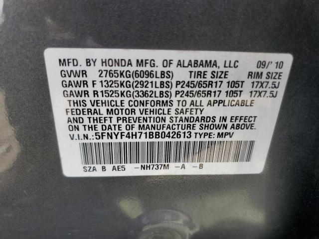 5FNYF4H71BB042613 - 2011 HONDA PILOT EXLN GRAY photo 12