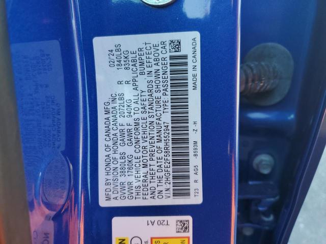 2HGFE2F58RH552947 - 2024 HONDA CIVIC SPORT BLUE photo 12