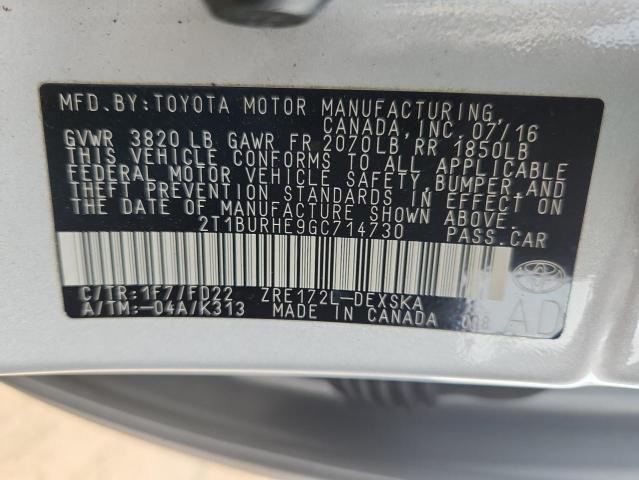 2T1BURHE9GC714730 - 2016 TOYOTA COROLLA L SILVER photo 12