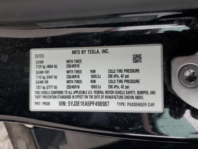 5YJ3E1EA5PF498987 - 2023 TESLA MODEL 3 黑色 照片 13