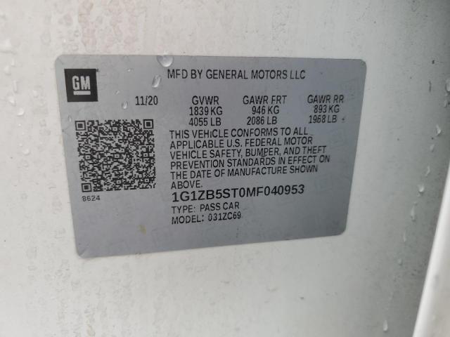 1G1ZB5ST0MF040953 - 2021 CHEVROLET MALIBU LS 白色 照片 12