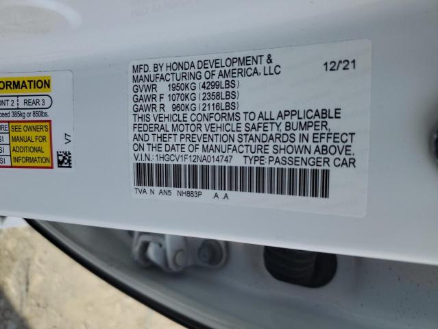 1HGCV1F12NA014747 - 2022 HONDA ACCORD LX თეთრი ფოტო 12