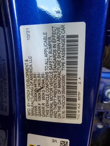 1HGCV2F35MA033590 - 2021 HONDA ACCORD SPORT 蓝色 照片 12