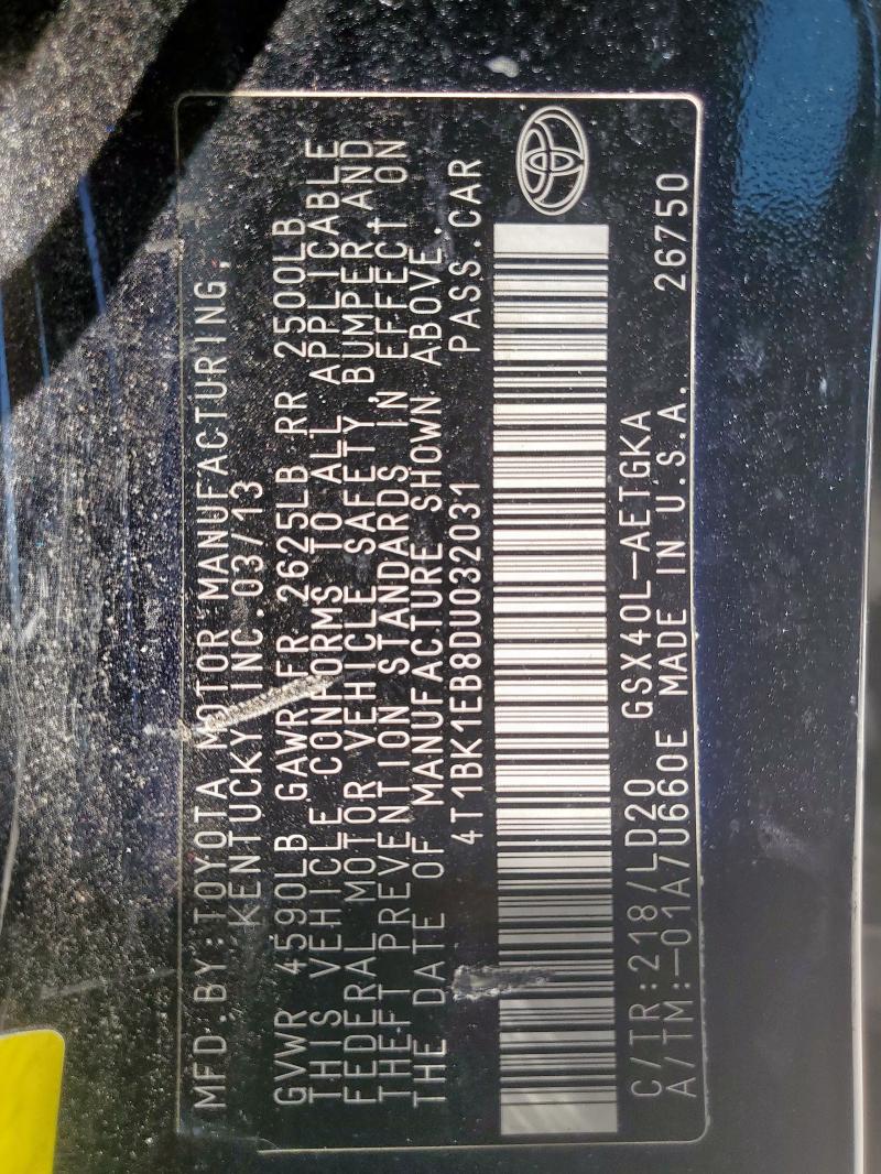 4T1BK1EB8DU032031 - 2013 TOYOTA AVALON BASE შავი ფოტო 12