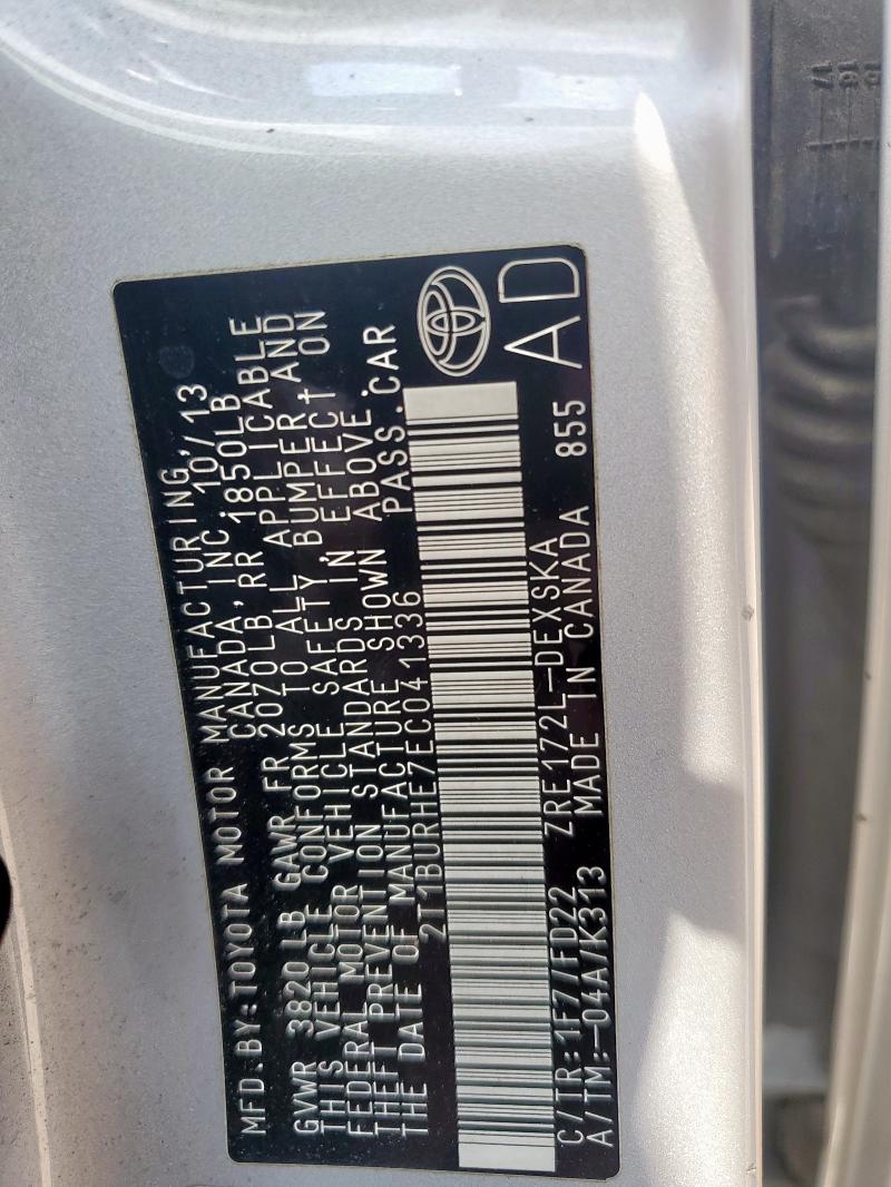 2T1BURHE7EC041336 - 2014 TOYOTA COROLLA L SILVER photo 12