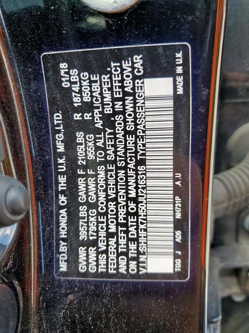 SHHFK7H50JU216316 - 2018 HONDA CIVIC EX BLACK photo 13