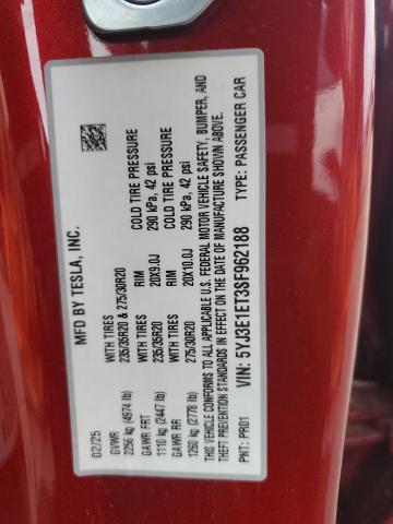 5YJ3E1ET3SF962188 - 2025 TESLA MODEL 3 წითელი ფოტო 12