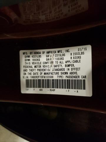1HGCR2F75FA103566 - 2015 HONDA ACCORD EX MAROON photo 12