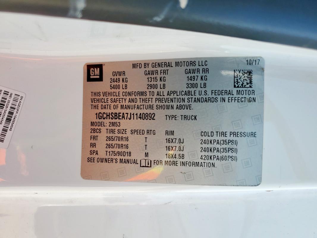 1GCHSBEA7J1140892 - 2018 CHEVROLET COLORADO 白色 照片 12