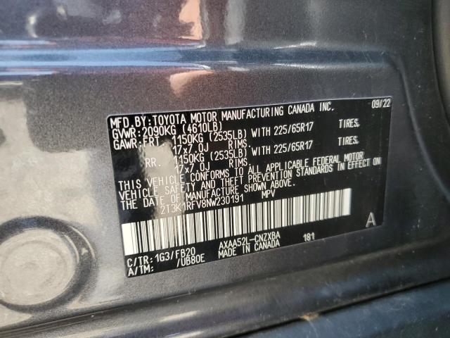 2T3K1RFV8NW230191 - 2022 TOYOTA RAV4 LE GRAY photo 13