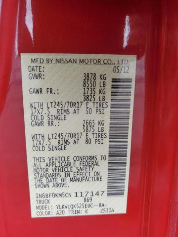 1N6BF0KM5CN117147 - 2012 NISSAN NV 1500 RED photo 13