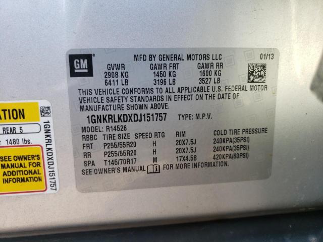 1GNKRLKDXDJ151757 - 2013 CHEVROLET TRAVERSE LTZ SILVER photo 13