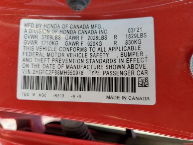 2HGFC2F88MH550978 - 2021 HONDA CIVIC SPORT 红色 照片 12