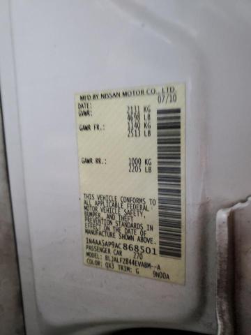 1N4AA5AP9AC868501 - 2010 NISSAN MAXIMA S WHITE photo 12