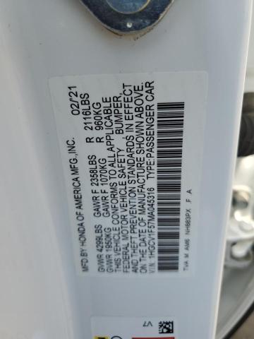 1HGCV1F57MA045316 - 2021 HONDA ACCORD EXL WHITE photo 12
