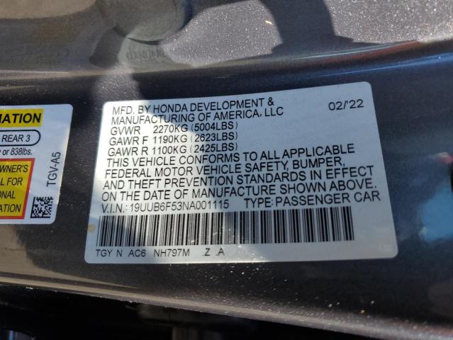 19UUB6F53NA001115 - 2022 ACURA TLX TECH A GRAY photo 12