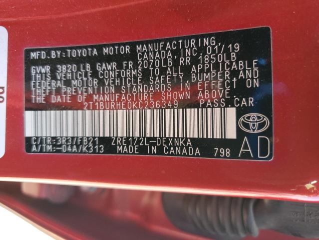2T1BURHE0KC236349 - 2019 TOYOTA COROLLA L წითელი ფოტო 12
