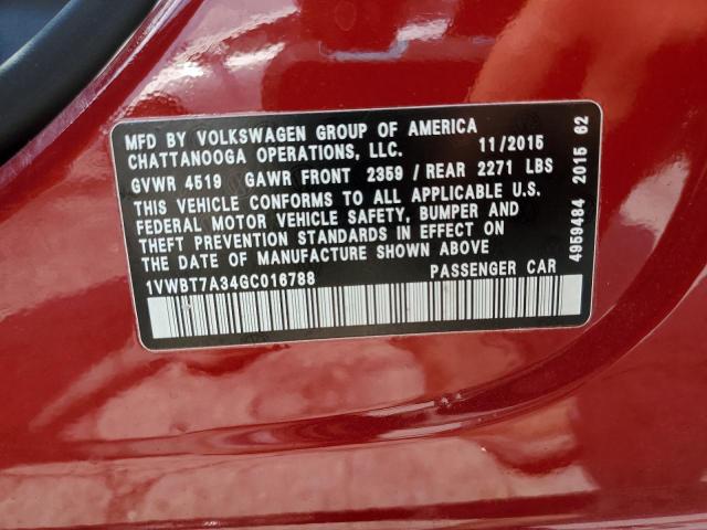 1VWBT7A34GC016788 - 2016 VOLKSWAGEN PASSAT SE 栗色 照片 12