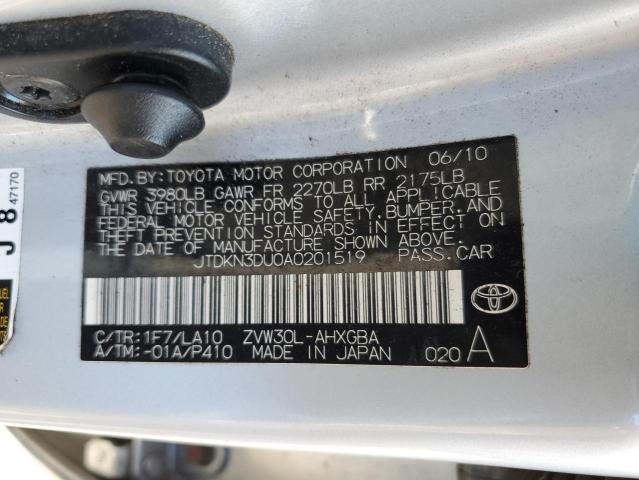 JTDKN3DU0A0201519 - 2010 TOYOTA PRIUS SILVER photo 12