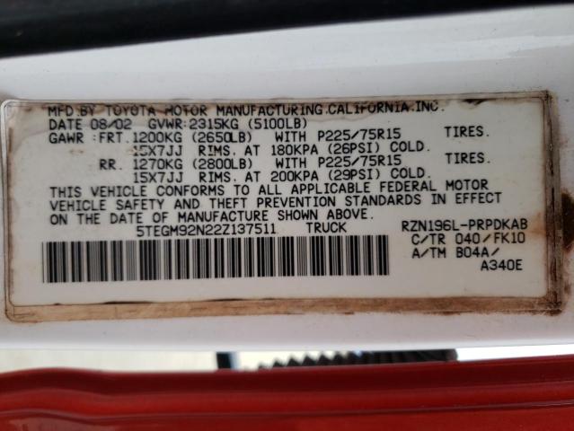 5TEGM92N22Z137511 - 2002 TOYOTA TACOMA DOUBLE CAB PRERUNNER RED photo 12