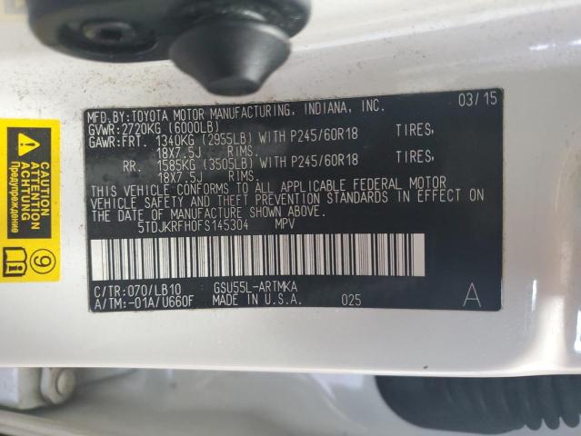 5TDJKRFH0FS145304 - 2015 TOYOTA HIGHLANDER XLE 白色 照片 13