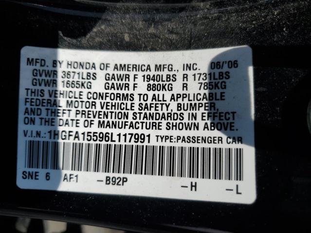 1HGFA15596L117991 - 2006 HONDA CIVIC LX BLACK photo 12