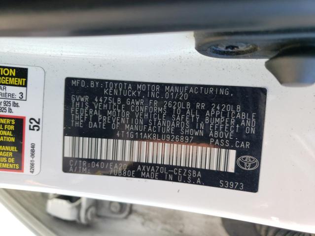 4T1G11AK8LU926897 - 2020 TOYOTA CAMRY SE 白色 照片 12