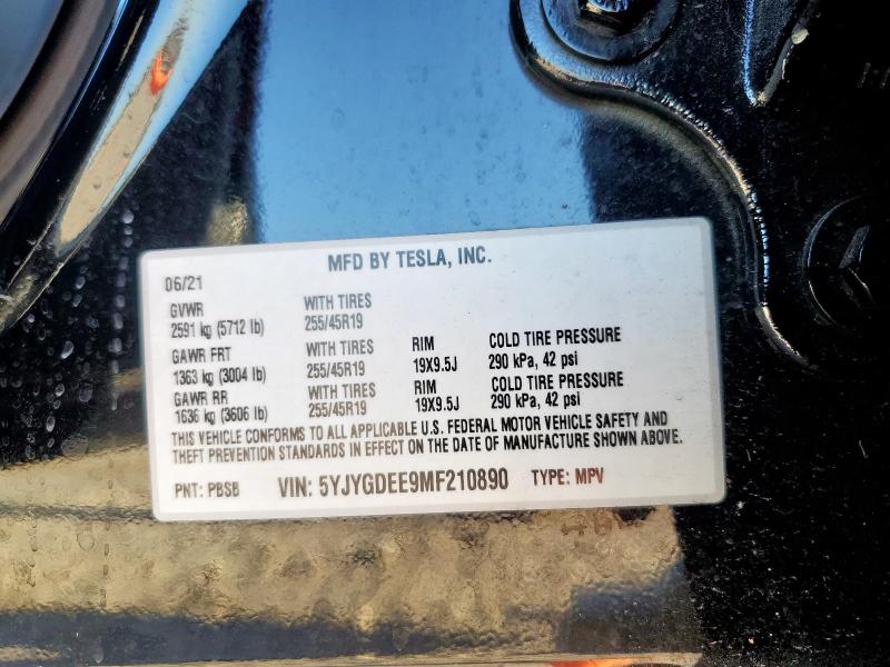 5YJYGDEE9MF210890 - 2021 TESLA MODEL Y BLACK photo 12
