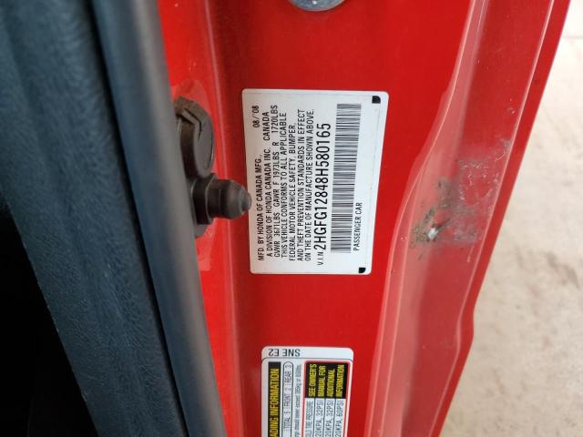 2HGFG12848H580165 - 2008 HONDA CIVIC EX RED photo 12