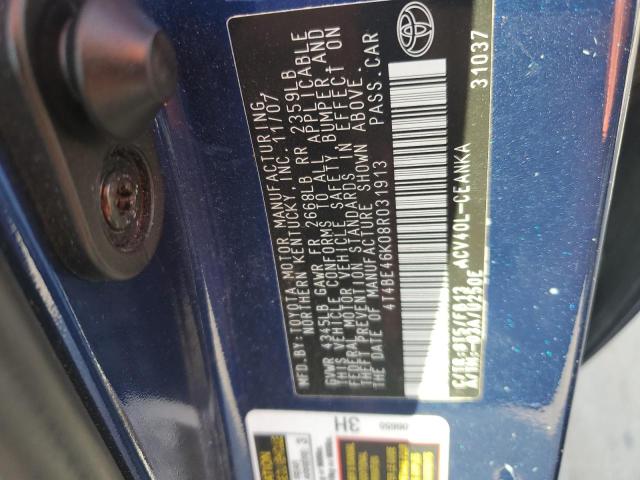 4T4BE46K08R031913 - 2008 TOYOTA CAMRY CE 蓝色 照片 12