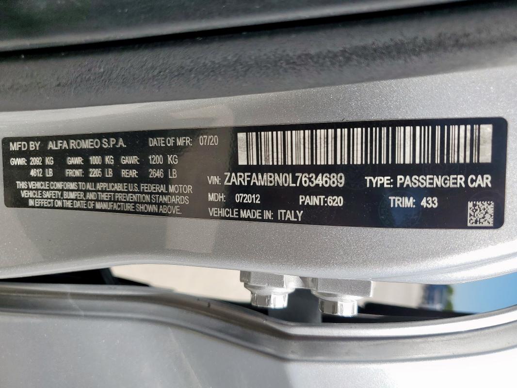 ZARFAMBN0L7634689 - 2020 ALFA ROMEO GIULIA TI ვერცხლისფერი ფოტო 12