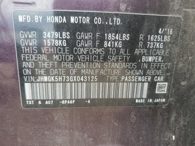 JHMGK5H73GX043125 - 2016 HONDA FIT EX PURPLE photo 12