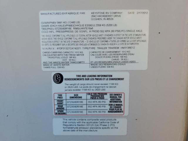 4YDF31327CA740371 - 2012 KEYSTONE MONTANA TWO TONE photo 10