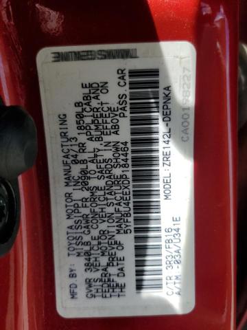 5YFBU4EEXDP184464 - 2013 TOYOTA COROLLA BASE Қызыл фото 12