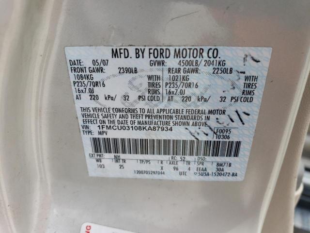 1FMCU03108KA87934 - 2008 FORD ESCAPE XLT WHITE photo 13