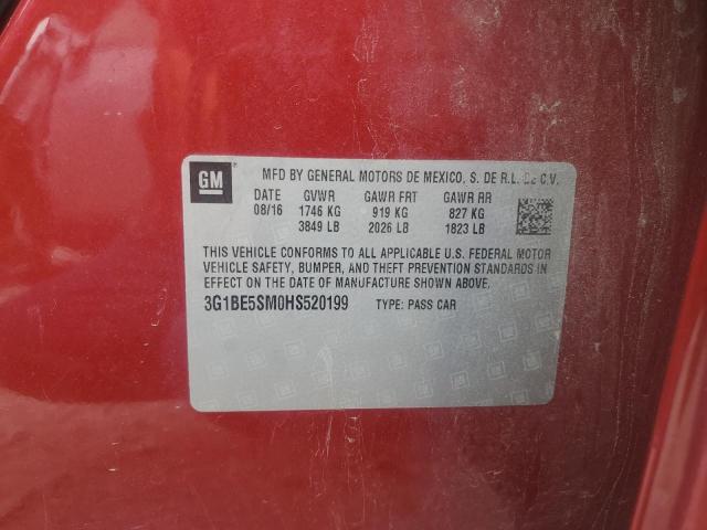 3G1BE5SM0HS520199 - 2017 CHEVROLET CRUZE LT RED photo 12