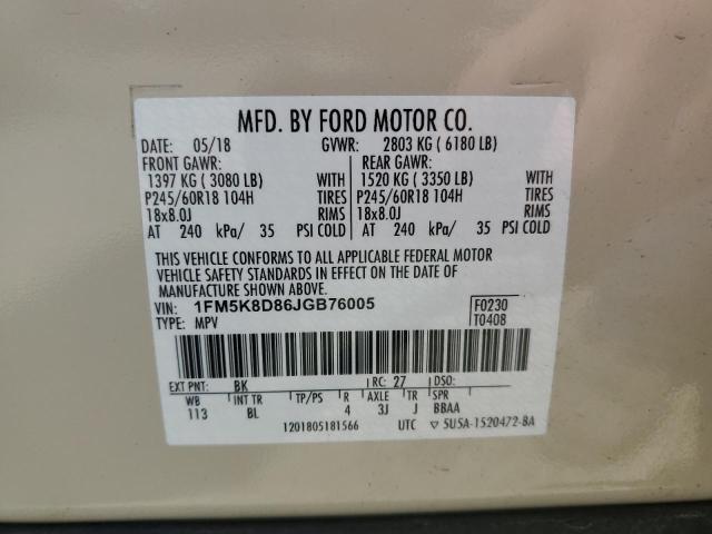 1FM5K8D86JGB76005 - 2018 FORD EXPLORER XLT Bej foto 14