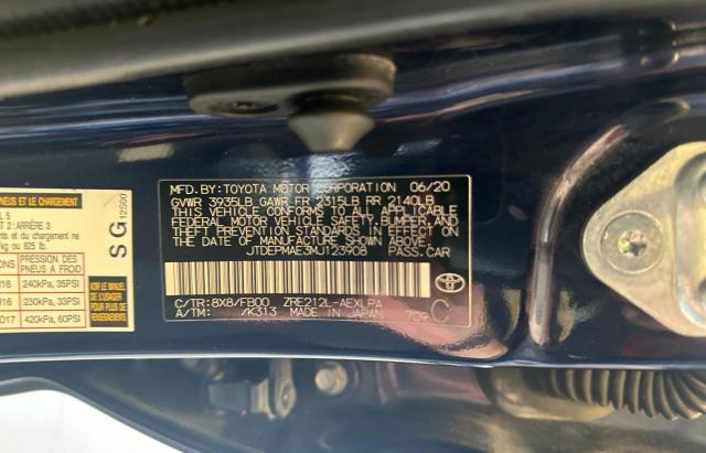 JTDEPMAE3MJ123908 - 2021 TOYOTA COROLLA LE BLUE photo 10