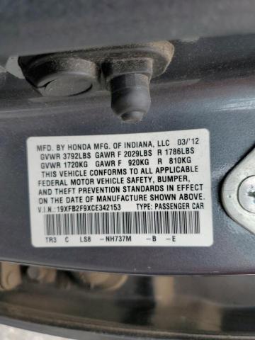 19XFB2F9XCE342153 - 2012 HONDA CIVIC EXL SILVER photo 12