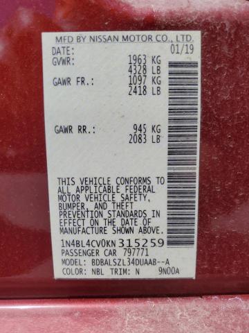 1N4BL4CV0KN315259 - 2019 NISSAN ALTIMA SR Rot Foto 12