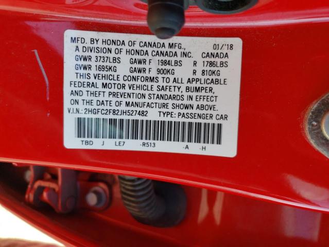 2HGFC2F82JH527482 - 2018 HONDA CIVIC EX Rot Foto 12