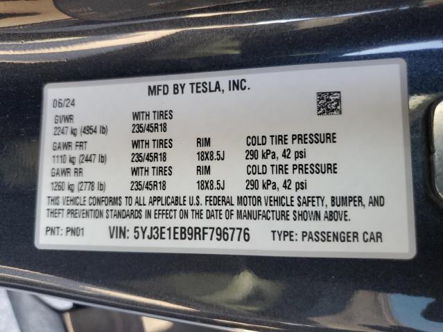 5YJ3E1EB9RF796776 - 2024 TESLA MODEL 3 გრაფიტი ფოტო 12