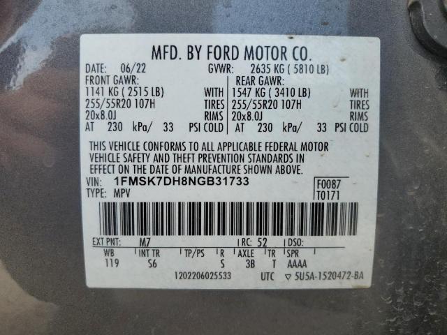 1FMSK7DH8NGB31733 - 2022 FORD EXPLORER XLT ნაცრისფერი ფოტო 13