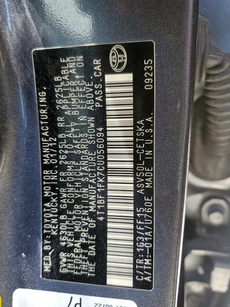 4T1BF1FK7CU056094 - 2012 TOYOTA CAMRY BASE GRAY photo 12