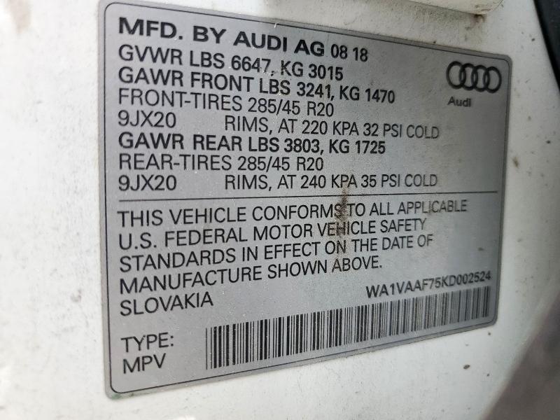 WA1VAAF75KD002524 - 2019 AUDI Q7 PRESTIGE WHITE photo 13