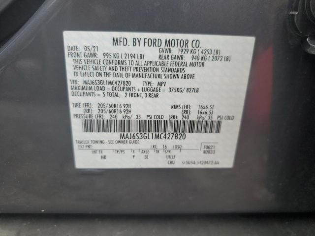 MAJ6S3GL1MC427820 - 2021 FORD ECOSPORT SE GRAY photo 14