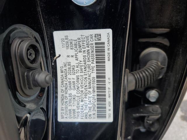 2HGFC2F81MH515909 - 2021 HONDA CIVIC SPORT BLACK photo 12