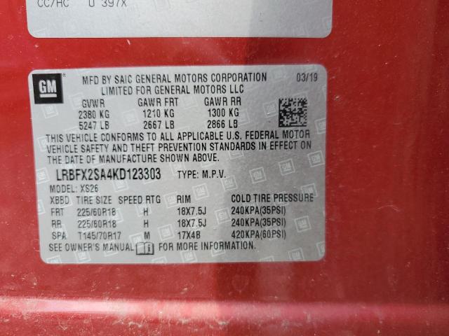 LRBFX2SA4KD123303 - 2019 BUICK ENVISION ESSENCE Բորդո լուսանկար 13