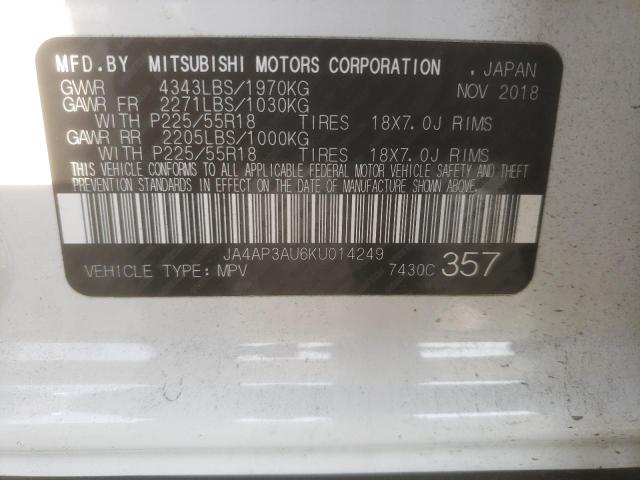 JA4AP3AU6KU014249 - 2019 MITSUBISHI OUTLANDER ES თეთრი ფოტო 13