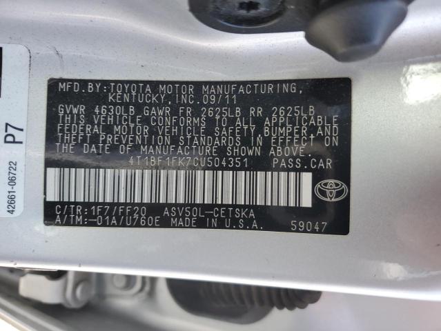 4T1BF1FK7CU504351 - 2012 TOYOTA CAMRY BASE SILVER photo 13